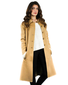 A model wearing a tan cashmere overcoat with the buttons undone - a tan ATHENA cashmere overcoat from Pamo