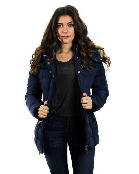 HESTIA Long Single-Breasted Belted Puffer Coat - Navy