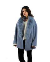 TIAN Long Double-Faced Wool Coat with Fox Fur - Sky Blue