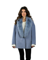 TIAN Long Double-Faced Wool Coat with Fox Fur - Sky Blue