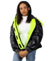 ION Oversized Duck Down Puffer Coat - Neon Green Trim