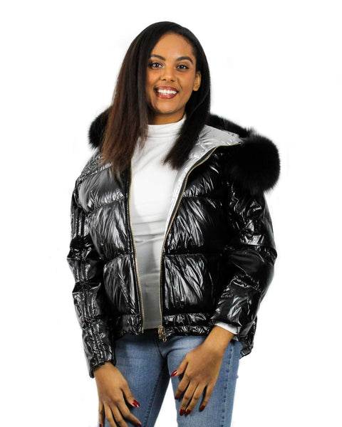 ROSA Down Jacket with Fox Fur Trim - Sparkling Black